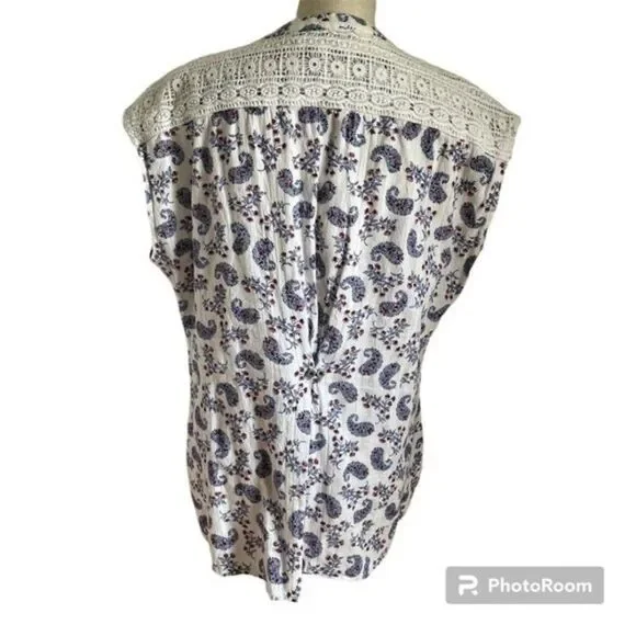 Ruff Hewn Boho Paisley Button Down Blouse - Red White Blue Crochet Large - Picture 4 of 10
